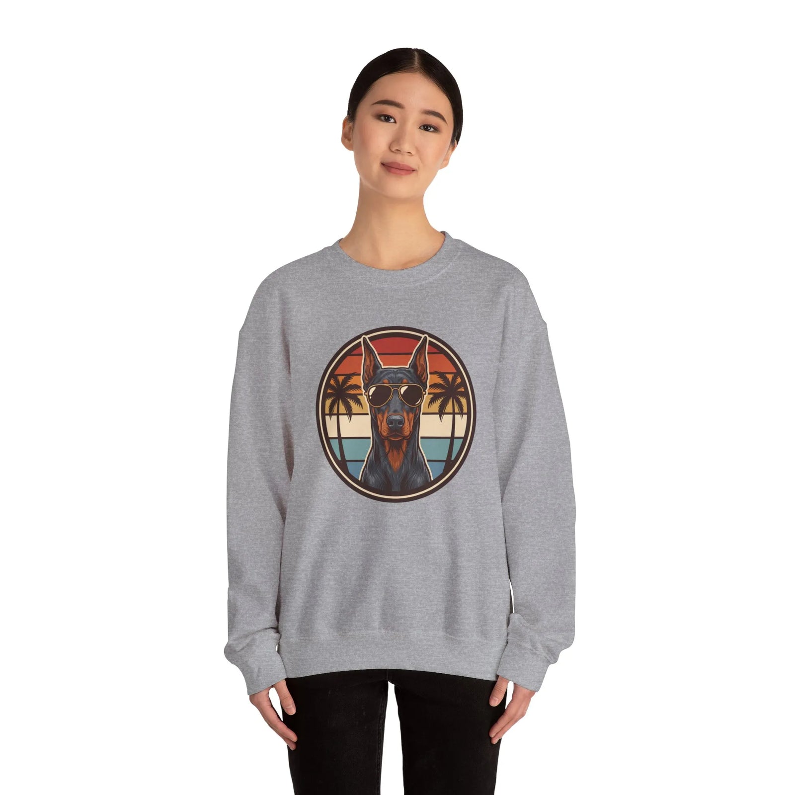 Doberman 70s Sunset Aviators Sweatshirt - Heavy Blend Fleece Crewneck - Unisex White