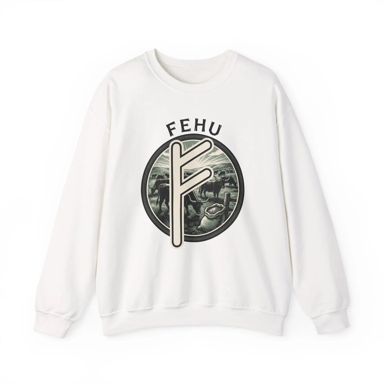 Fehu Rune Wealth Graphic Sweatshirt - Heavyweight 50/50 Fleece Crewneck - Unisex White