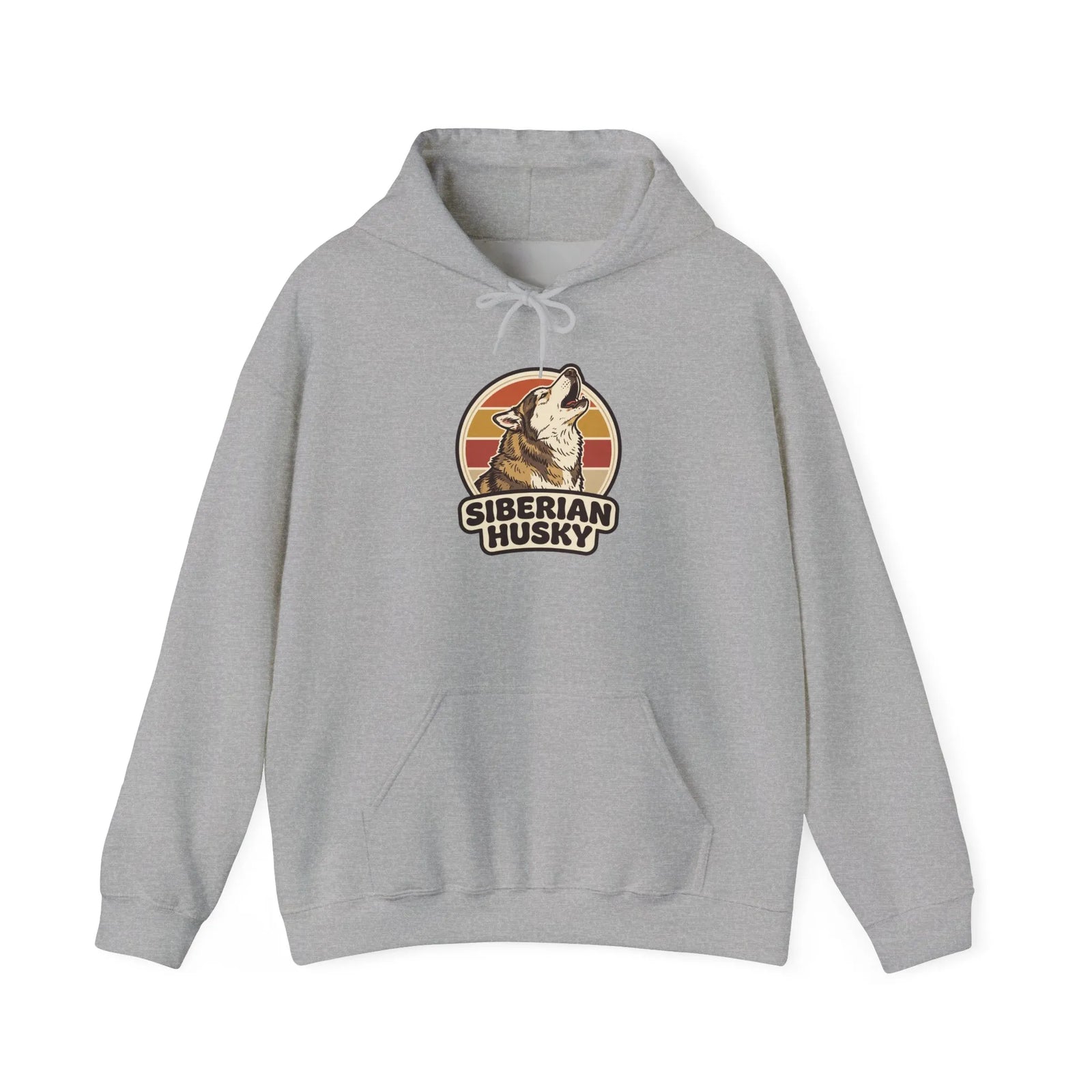 Siberian Husky Retro 70s Sunset Hoodie - Medium-Heavy Fleece Pullover - Unisex Ash