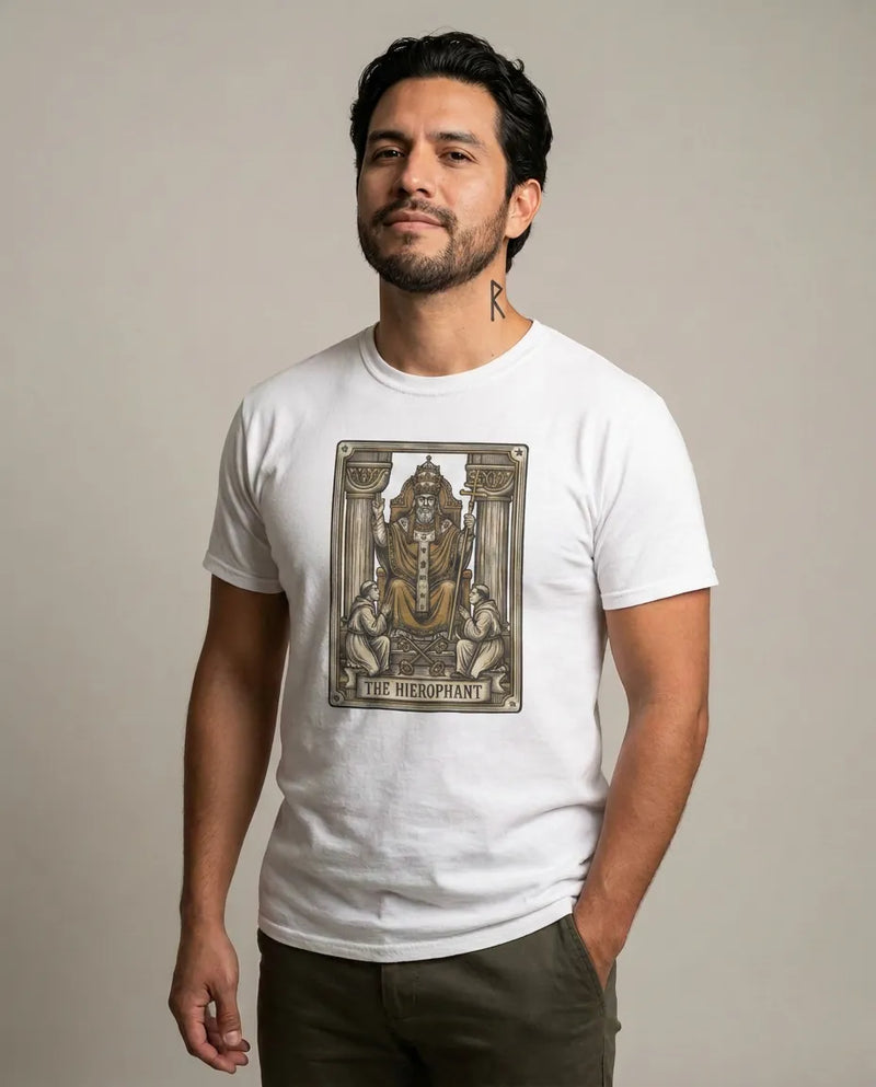 Hierophant Tarot Card Graphic T-Shirt - Heavy Cotton Classic Fit Tee - Unisex White