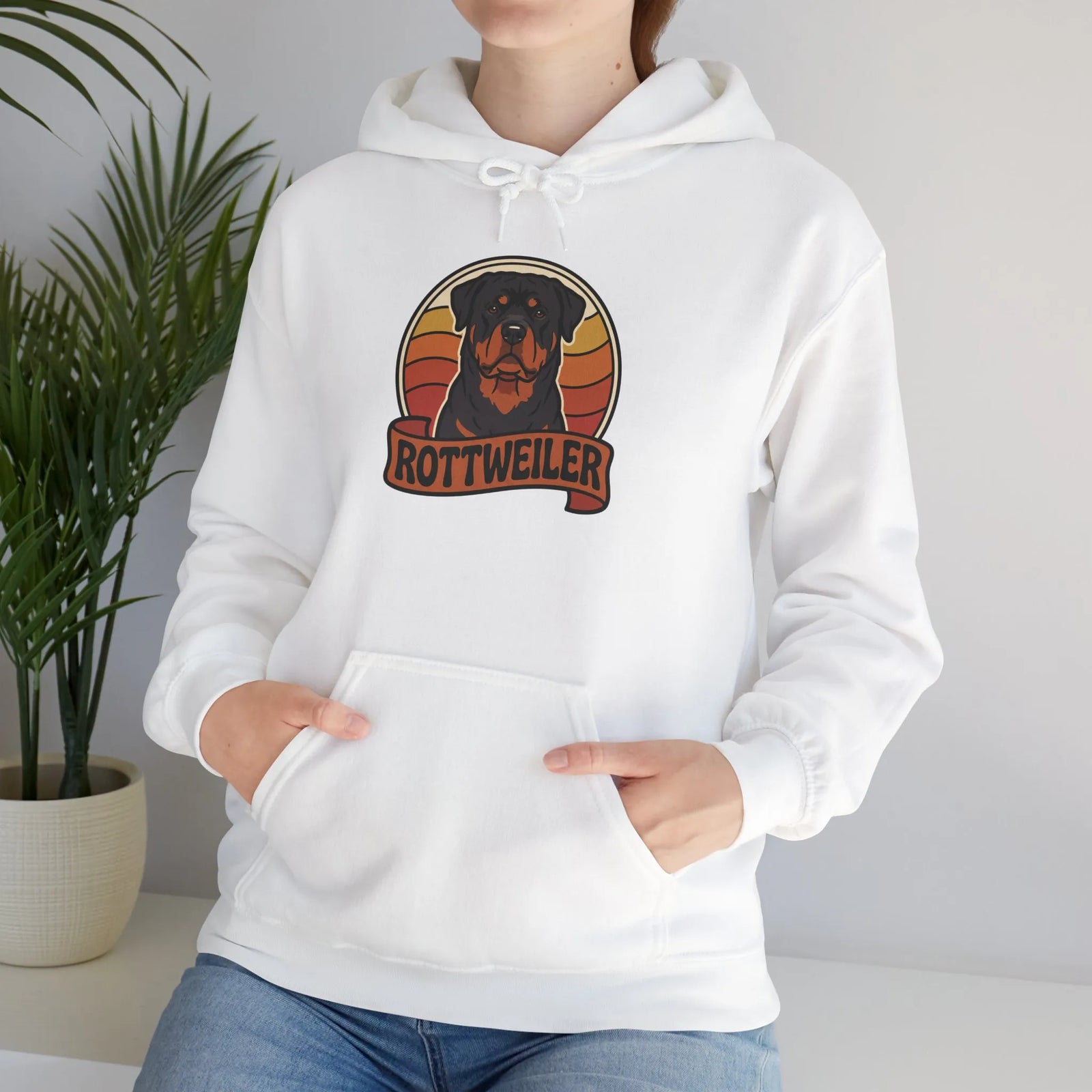 Rottweiler Retro 70s Sunset Hoodie - Soft Blend Classic Fit Pullover - Unisex White