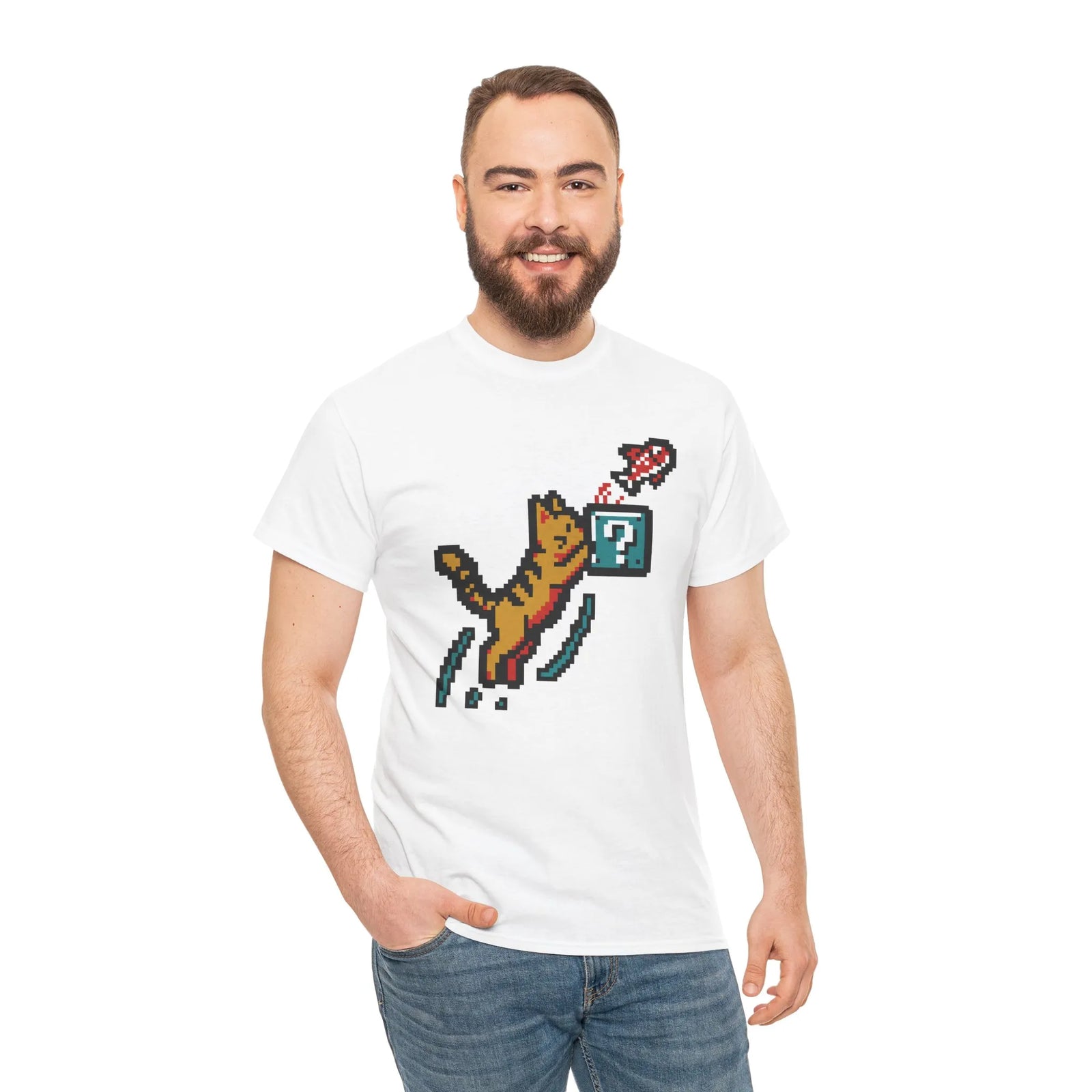 8-Bit Pixel Gaming Cats Graphic T-Shirt - Heavy Cotton Classic Fit Tee - Unisex White