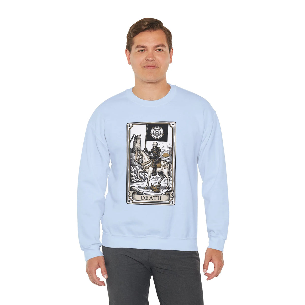 Tarot Death Card Graphic Sweatshirt - Heavy Blend Classic Fit Crewneck - Unisex White