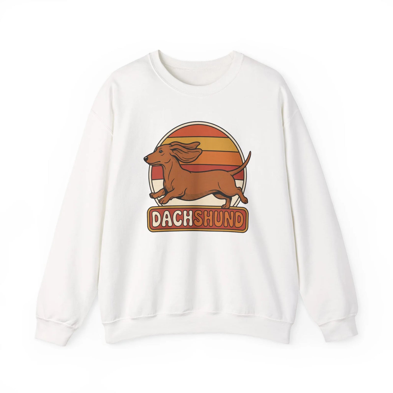 Retro 70s Sunset Dachshund Sweatshirt - Heavy Blend Cotton Blend Crewneck - Unisex White