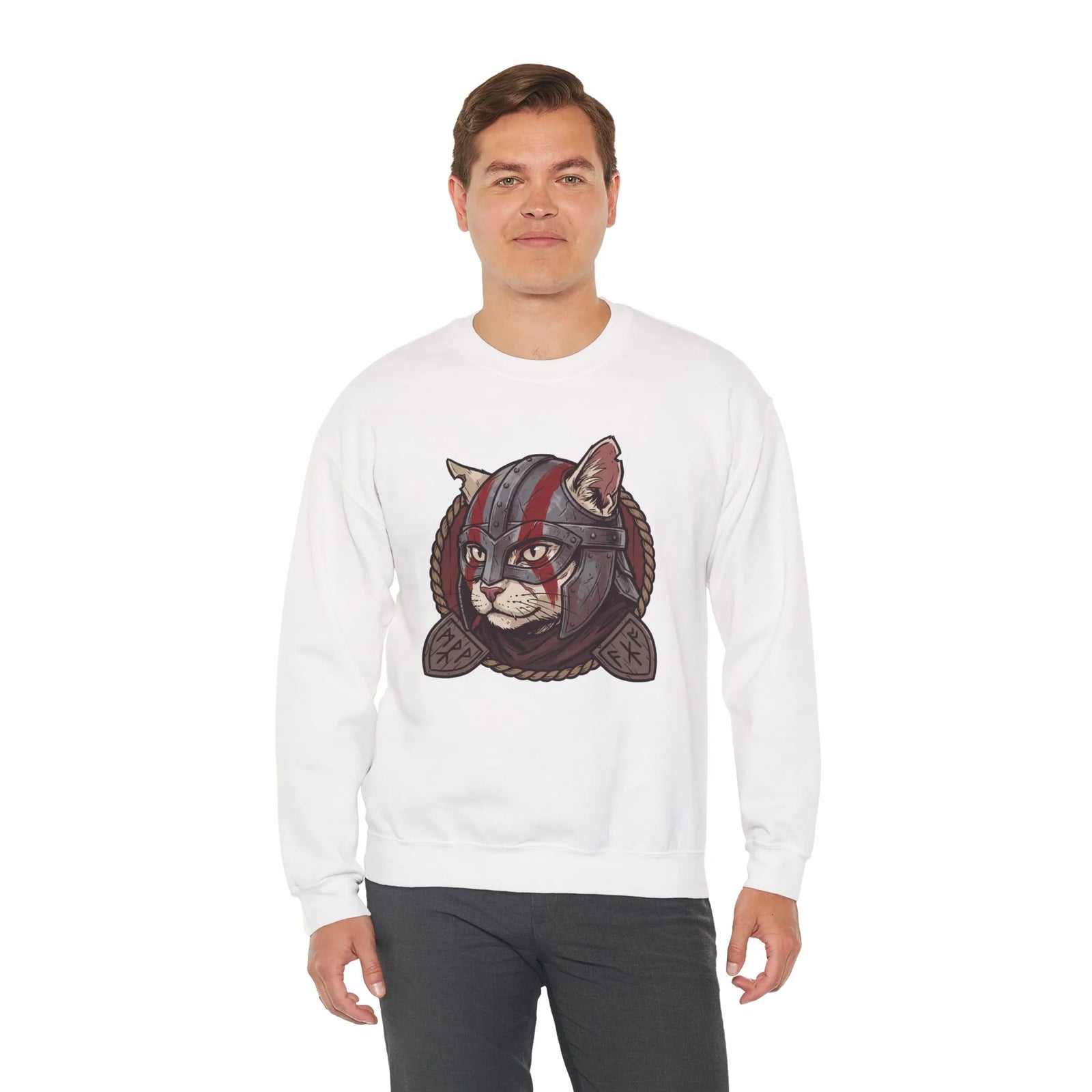 Viking Berserker Cat Graphic Sweatshirt - Heavy Blend Fleece Crewneck - Unisex White