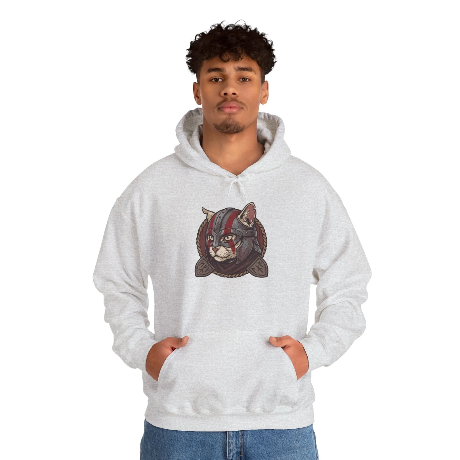 Viking Berserker Cat Warpaint Hoodie - Soft Cotton-Poly Fleece Pullover - Unisex Ash