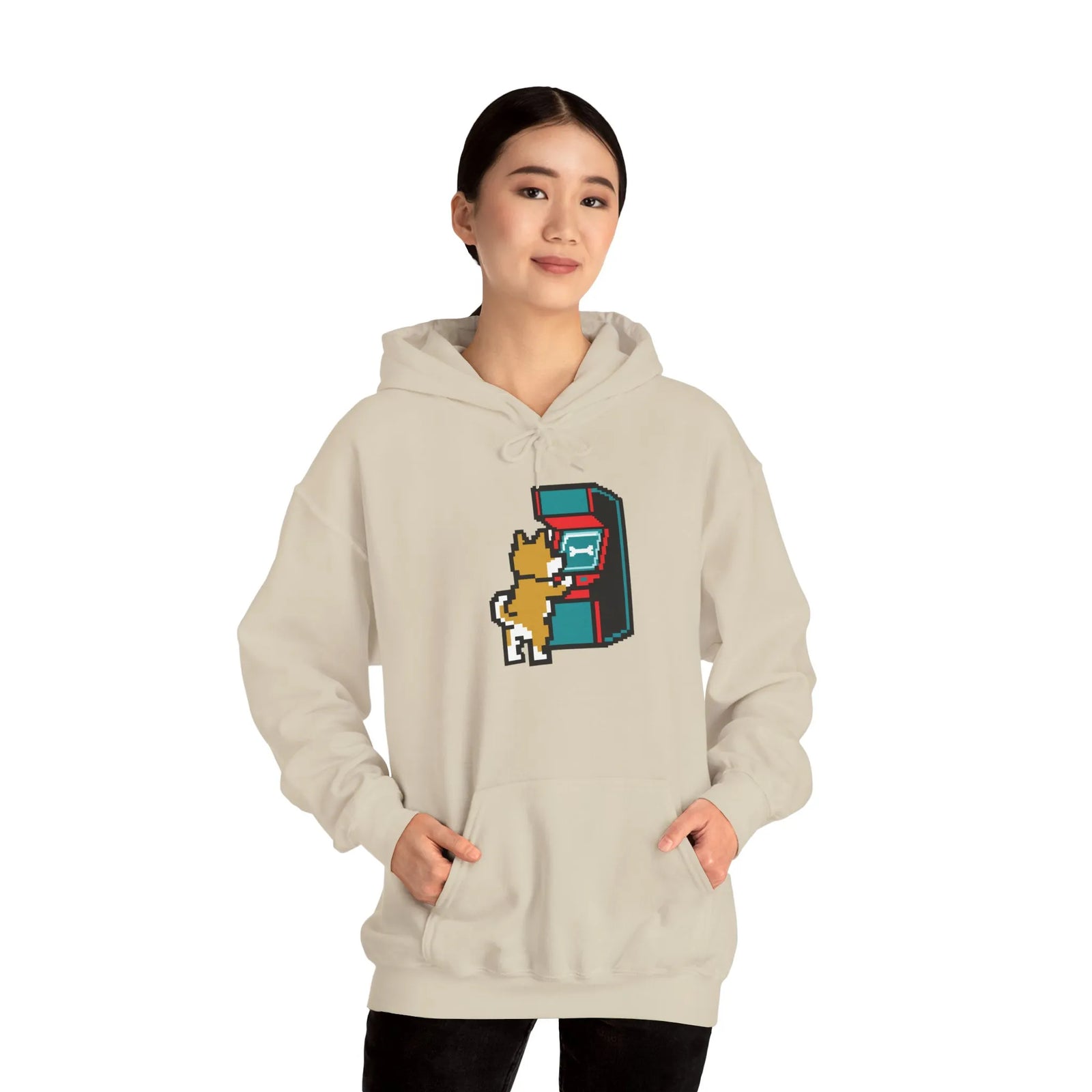8-Bit Pixel Gaming Dogs Hoodie - Soft Cotton Blend Pullover Fleece - Unisex White