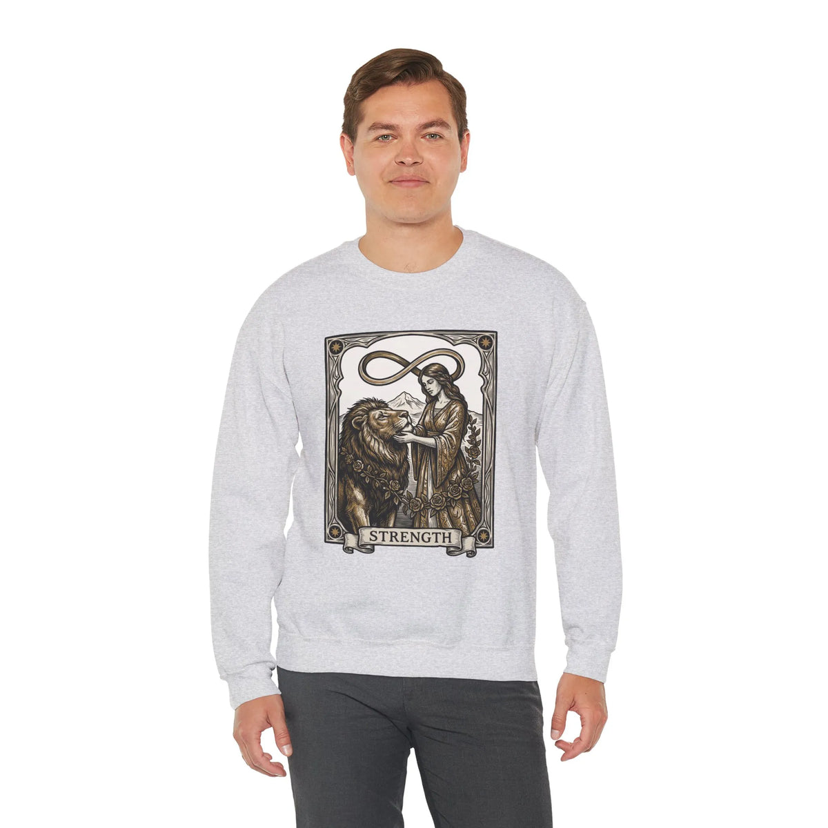 Strength Tarot Card Sweatshirt - Heavy Blend Crewneck Fleece - Unisex White