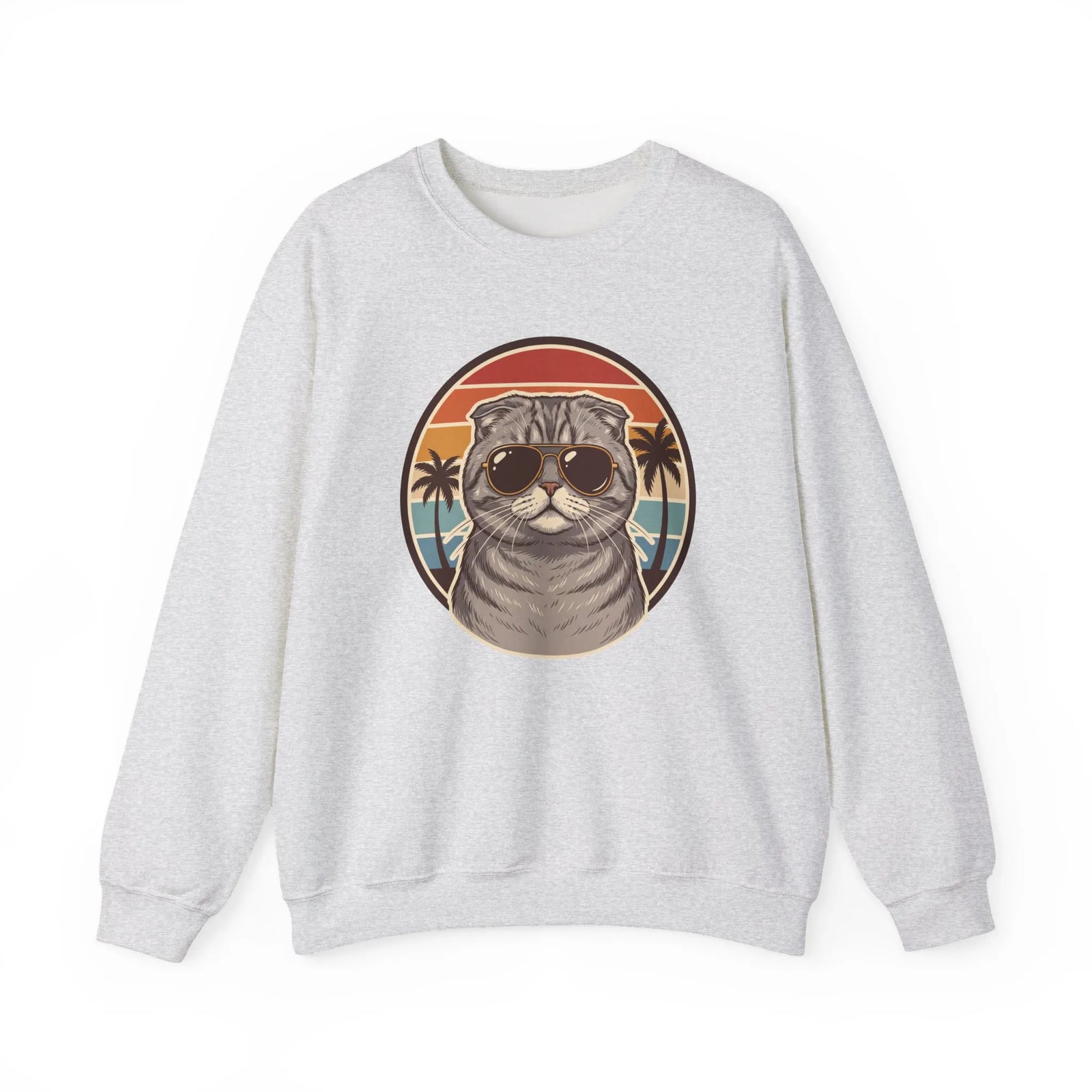 Scottish Fold Cat 70s Sunset Sweatshirt - Heavy Blend Fleece Crewneck - Unisex Ash
