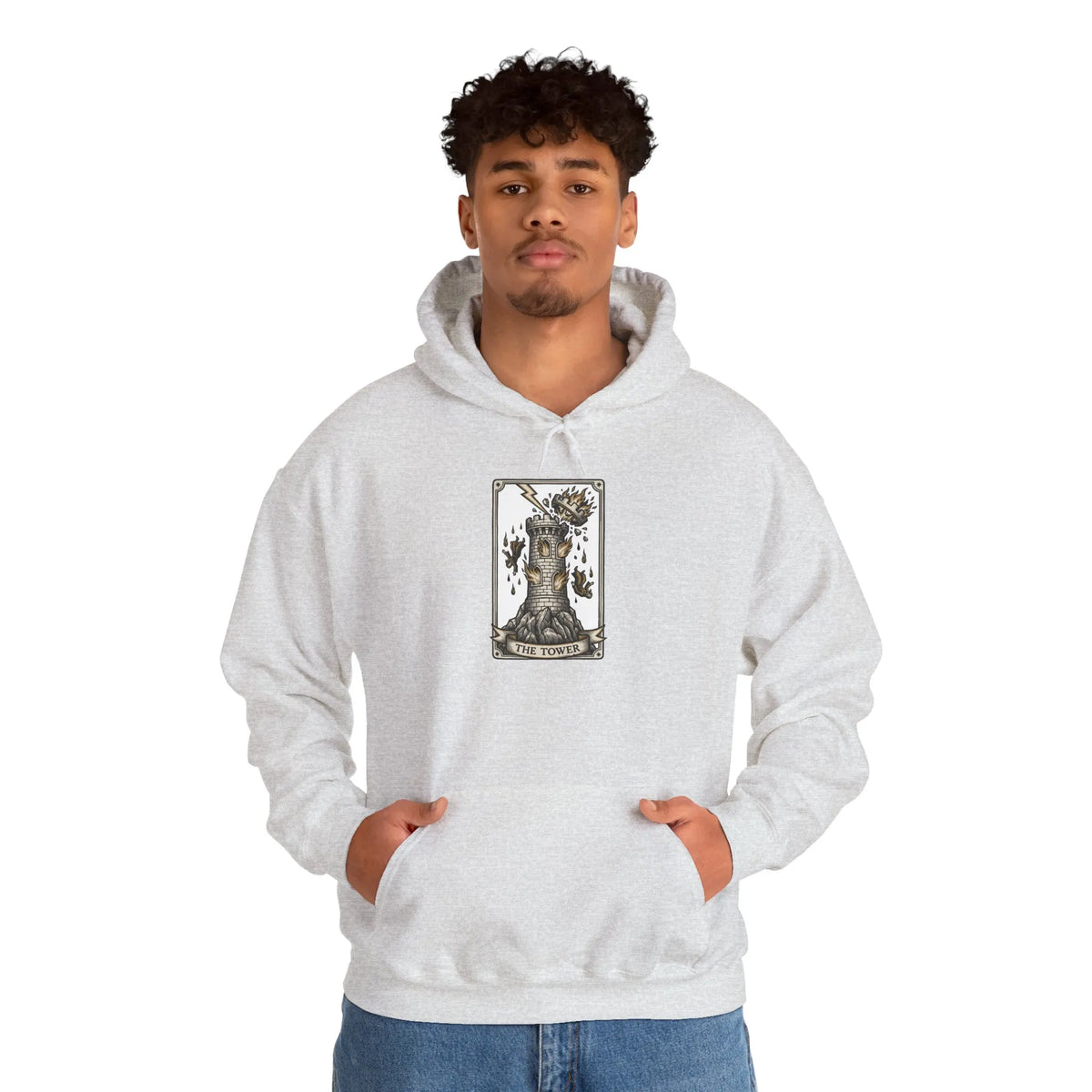 The Tower Tarot Card Hoodie - Heavy Blend Fleece Pullover - Unisex White