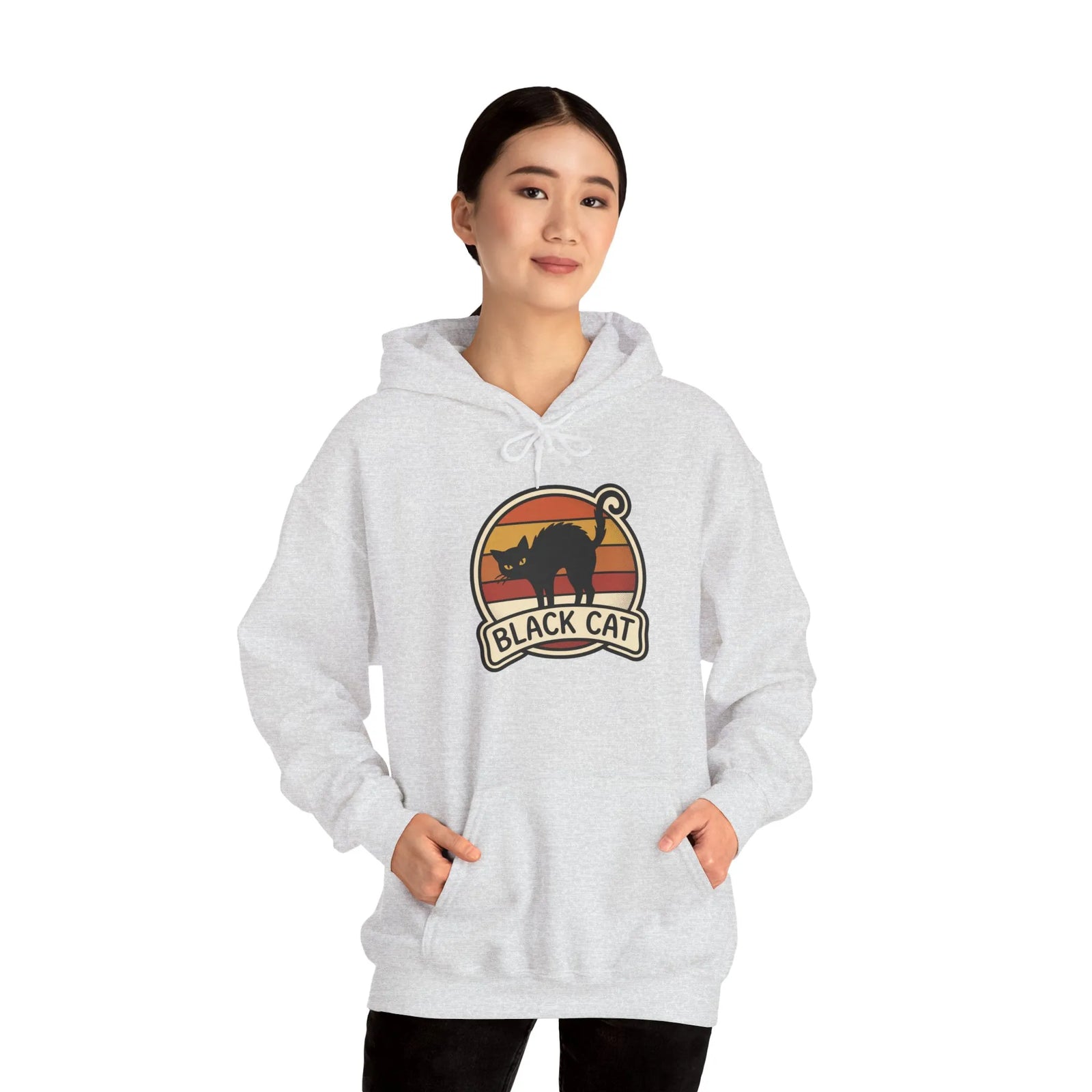 Black Cat Retro Sunset Hoodie - Heavy Blend Cotton-Poly Fleece - Unisex White