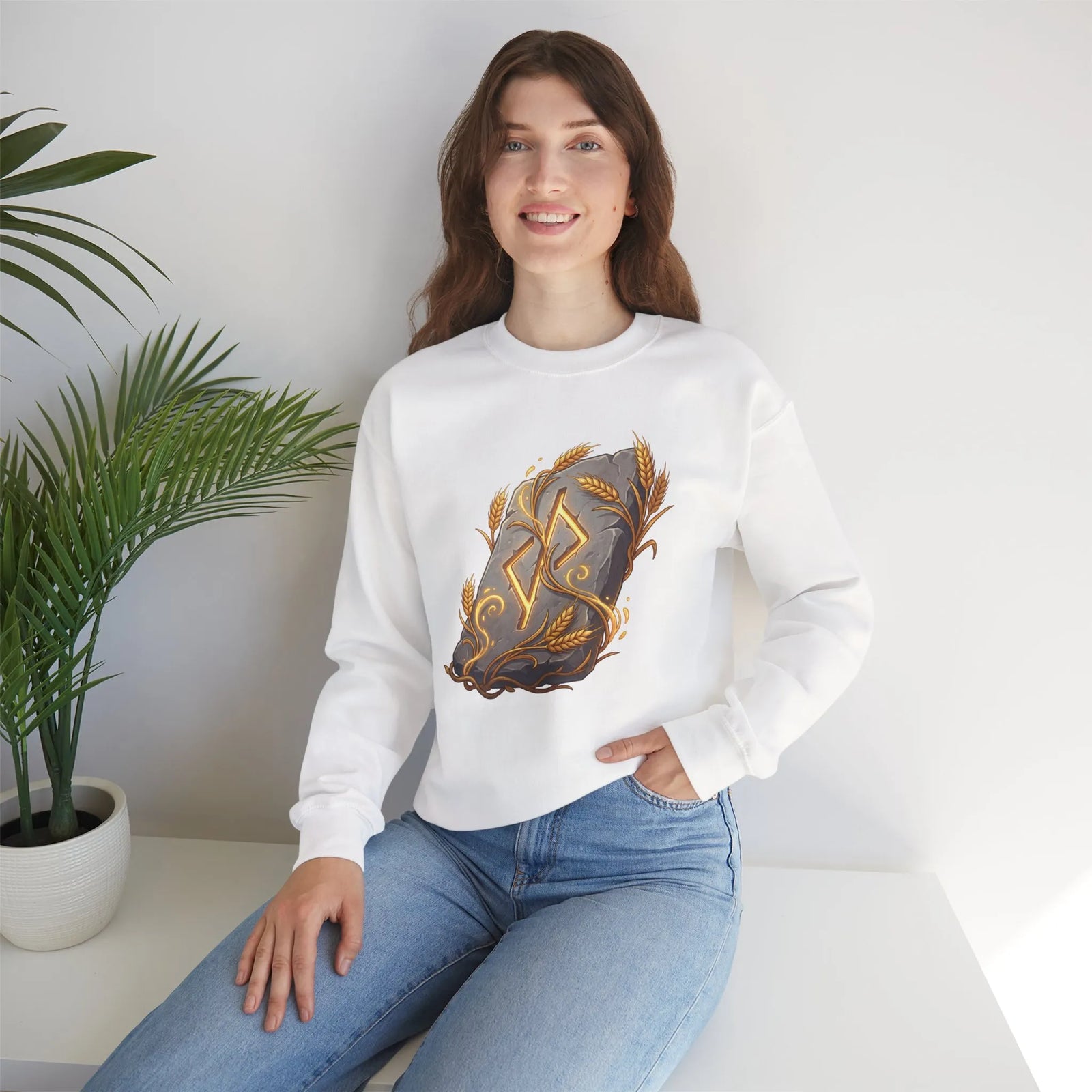 Jera Rune Harvest Graphic Sweatshirt - Heavy Blend Cotton Polyester Crewneck - Unisex White