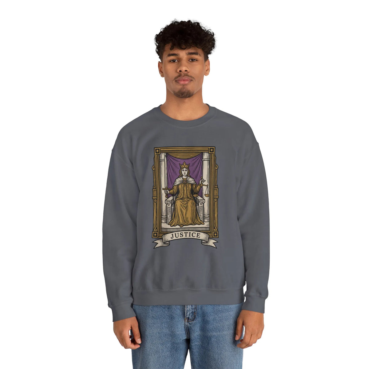 Justice Tarot Card Sweatshirt - Heavy Blend Cotton Poly Crewneck - Unisex White