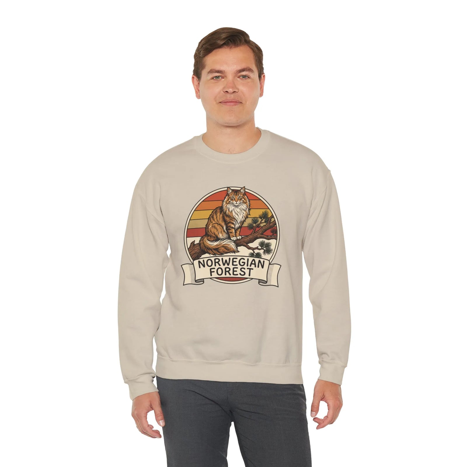 Norwegian Forest Cat Retro Sunset Sweatshirt - Heavy Blend Fleece Crewneck - Unisex White