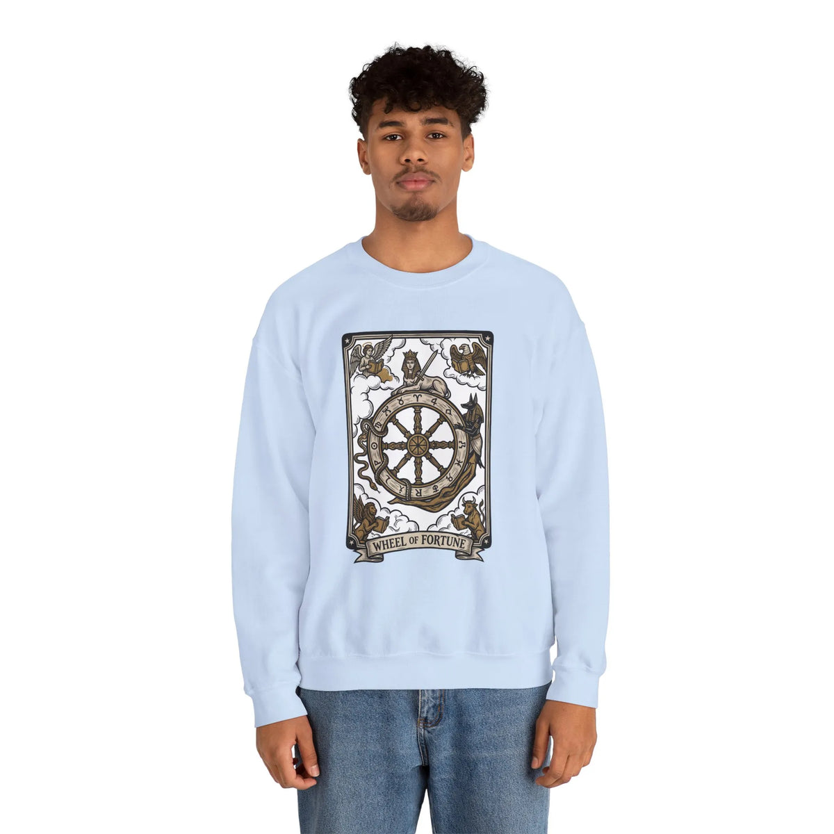 Wheel of Fortune Tarot Card Sweatshirt - Heavy Blend Crewneck Fleece - Unisex White