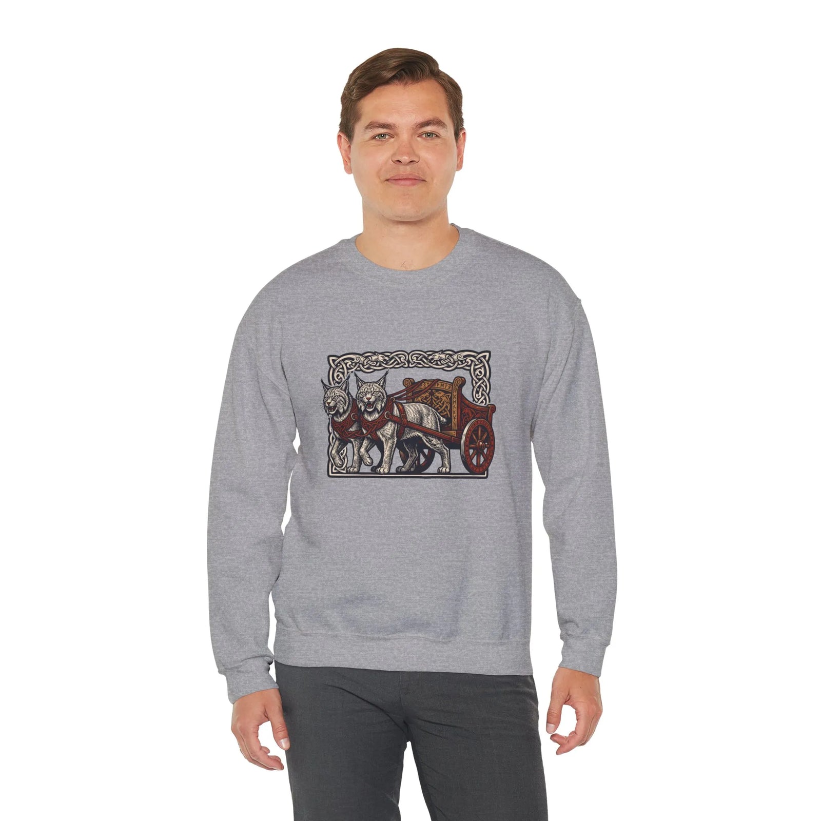 Freyja's Sacred Cats Norse Woodcut Sweatshirt - Heavy Blend Crewneck Fleece - Unisex White