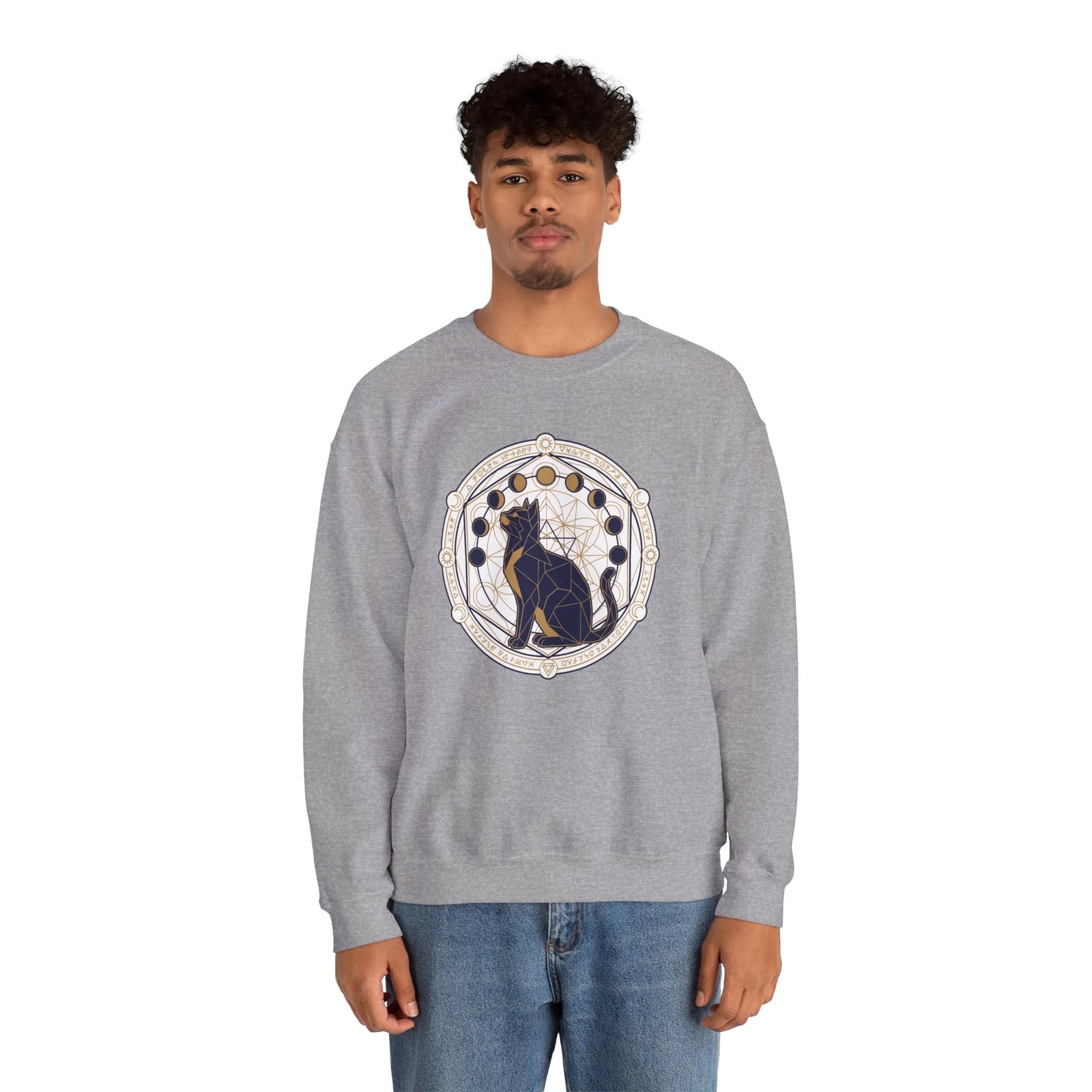 Moon Phases Sacred Geometry Cat Sweatshirt - Heavy Blend Cotton Polyester Crewneck - Unisex White