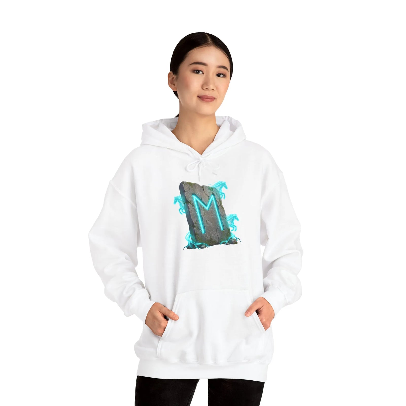 Norse Ehwaz Rune Spirit Horses Hoodie - Heavy Blend Fleece Pullover - Unisex White