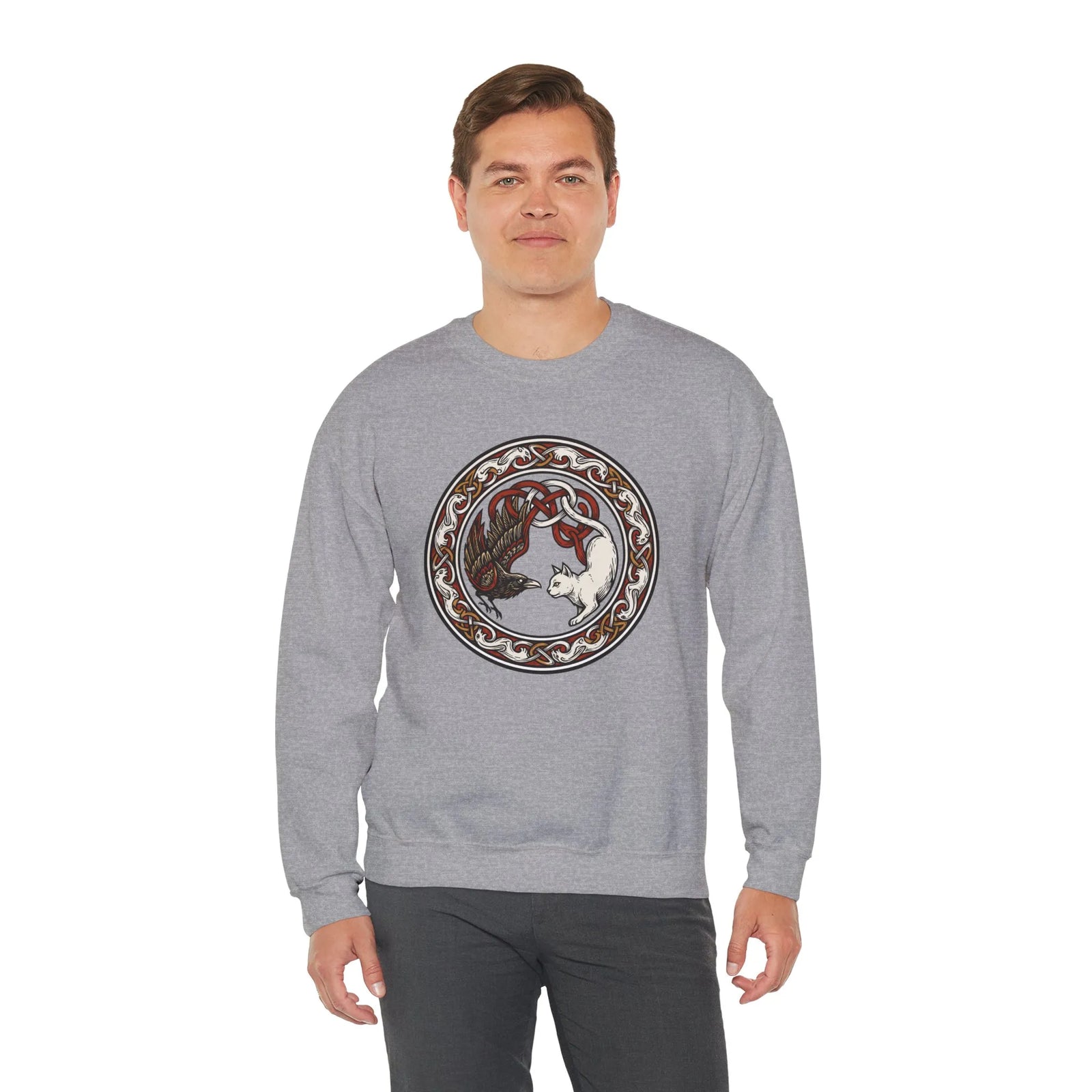 Norse Woodcut Cat & Raven Sweatshirt - Classic Fit Heavy Blend Crewneck - Unisex White