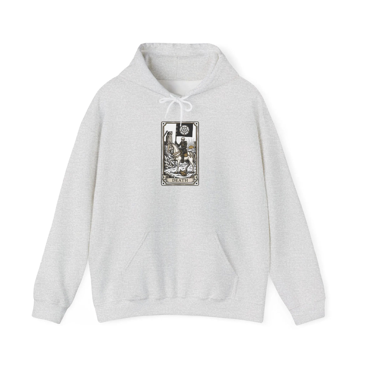 Death Tarot Card Graphic Hoodie - Medium-Heavy Cotton-Poly Blend Pullover - Unisex White