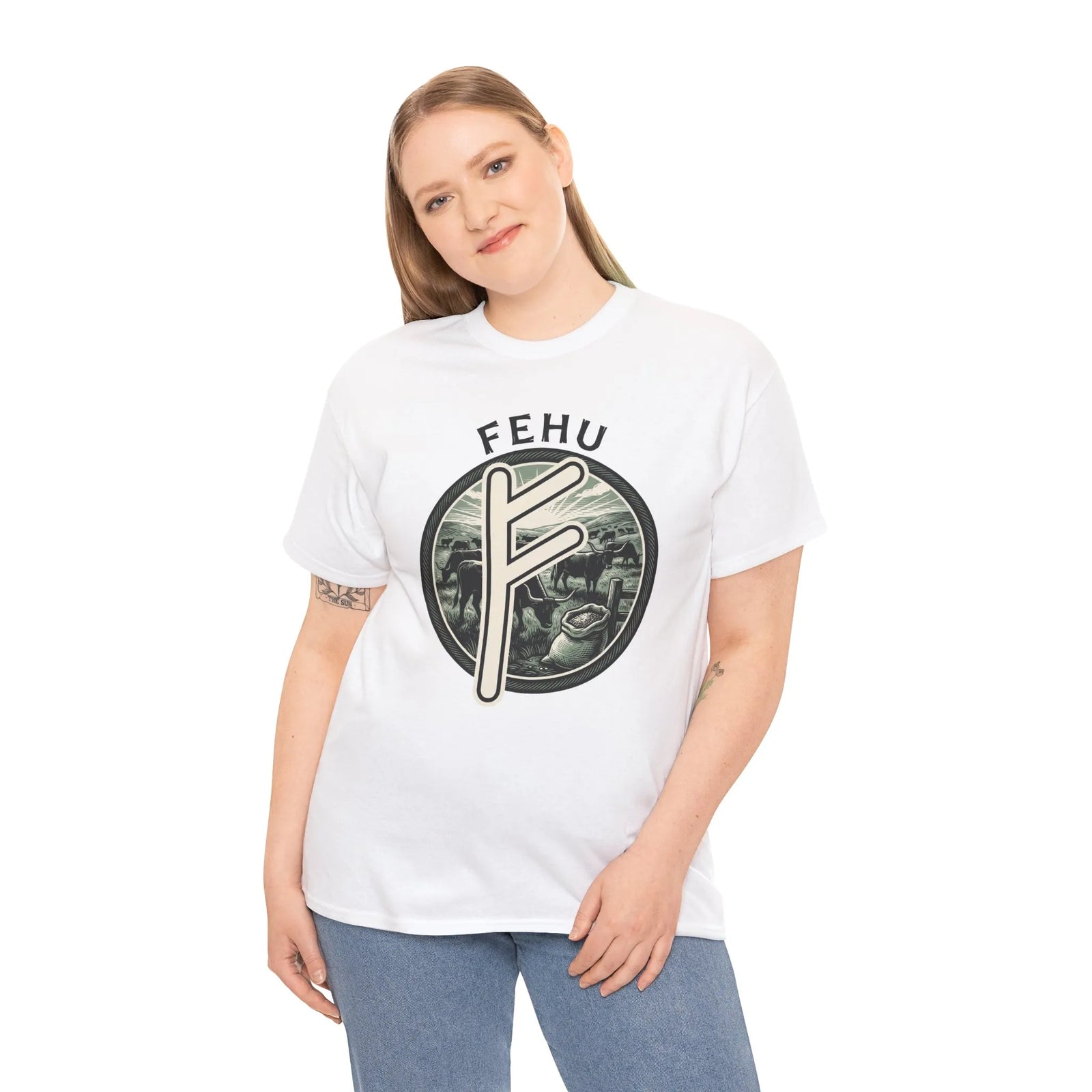 Fehu Rune Wealth Symbol T-Shirt - Heavy Cotton Classic Fit Tee - Unisex White