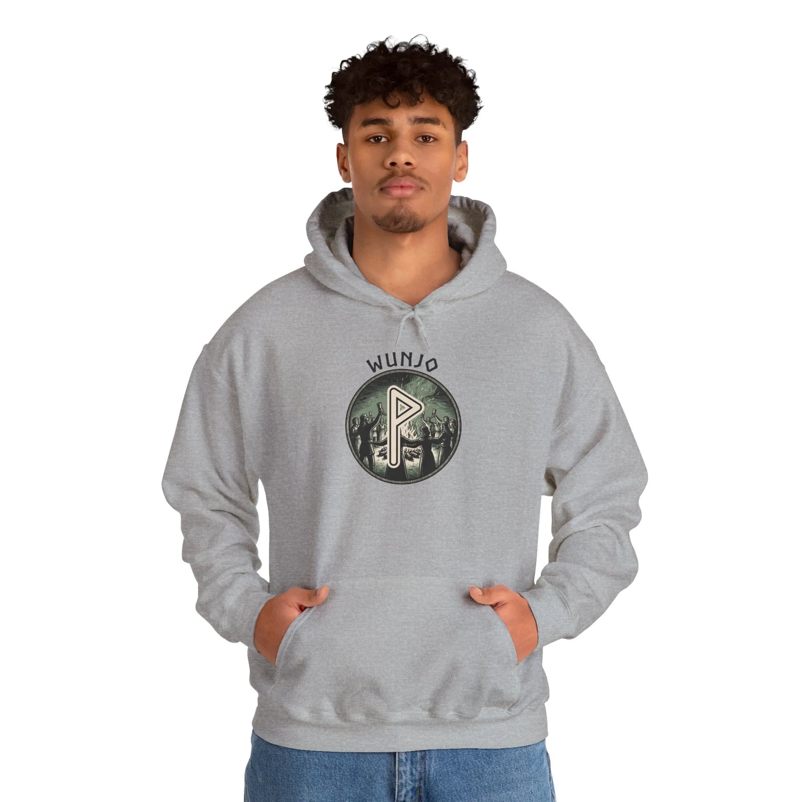Wunjo Rune Norse Joy Circle Hoodie - Heavy Blend Fleece Pullover - Unisex White