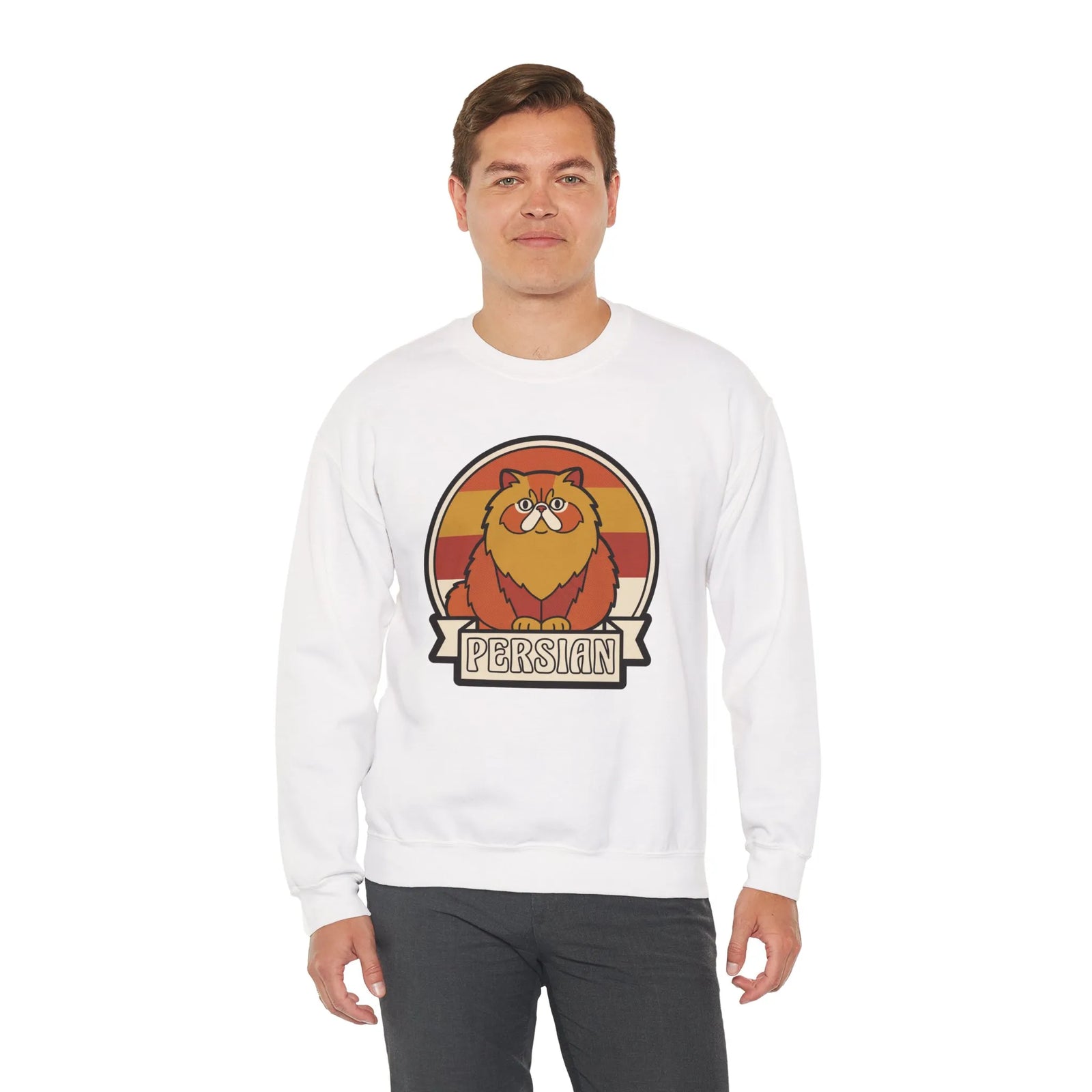 Retro Persian Cat Sunset Sweatshirt - Heavy Blend Cotton Blend Crewneck - Unisex White