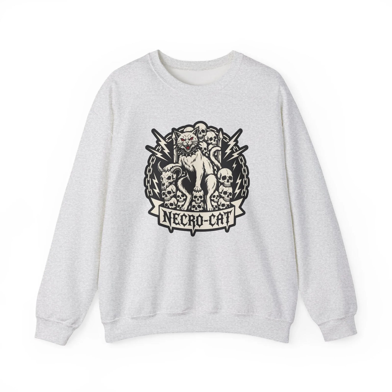 Skull Throne Heavy Metal Cats Sweatshirt - Heavy Blend Fleece Crewneck - Unisex White