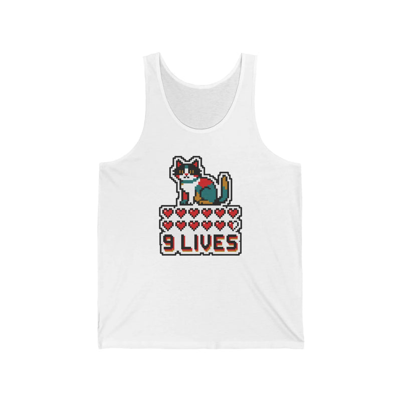 Nine Lives 8-Bit Gaming Cat Tank Top - Lightweight Combed Cotton Jersey - Unisex White