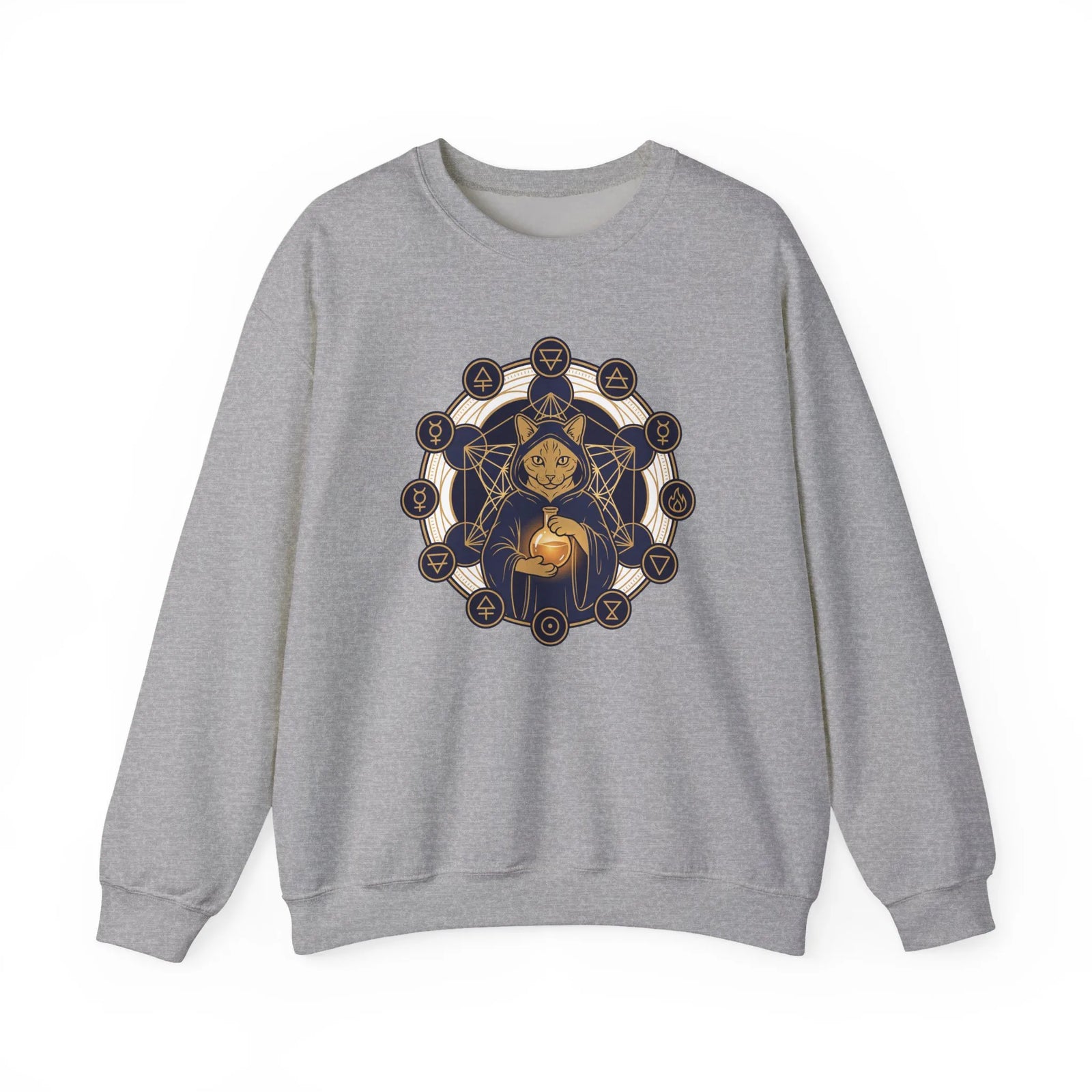Sacred Geometry Alchemist Cat Sweatshirt - Heavy Blend Fleece Crewneck - Unisex White