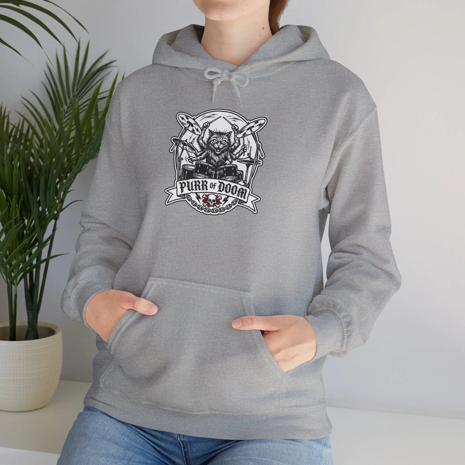 Drummer Heavy Metal Rocker Cats Hoodie - Classic Fit Heavy Blend Fleece - Unisex White