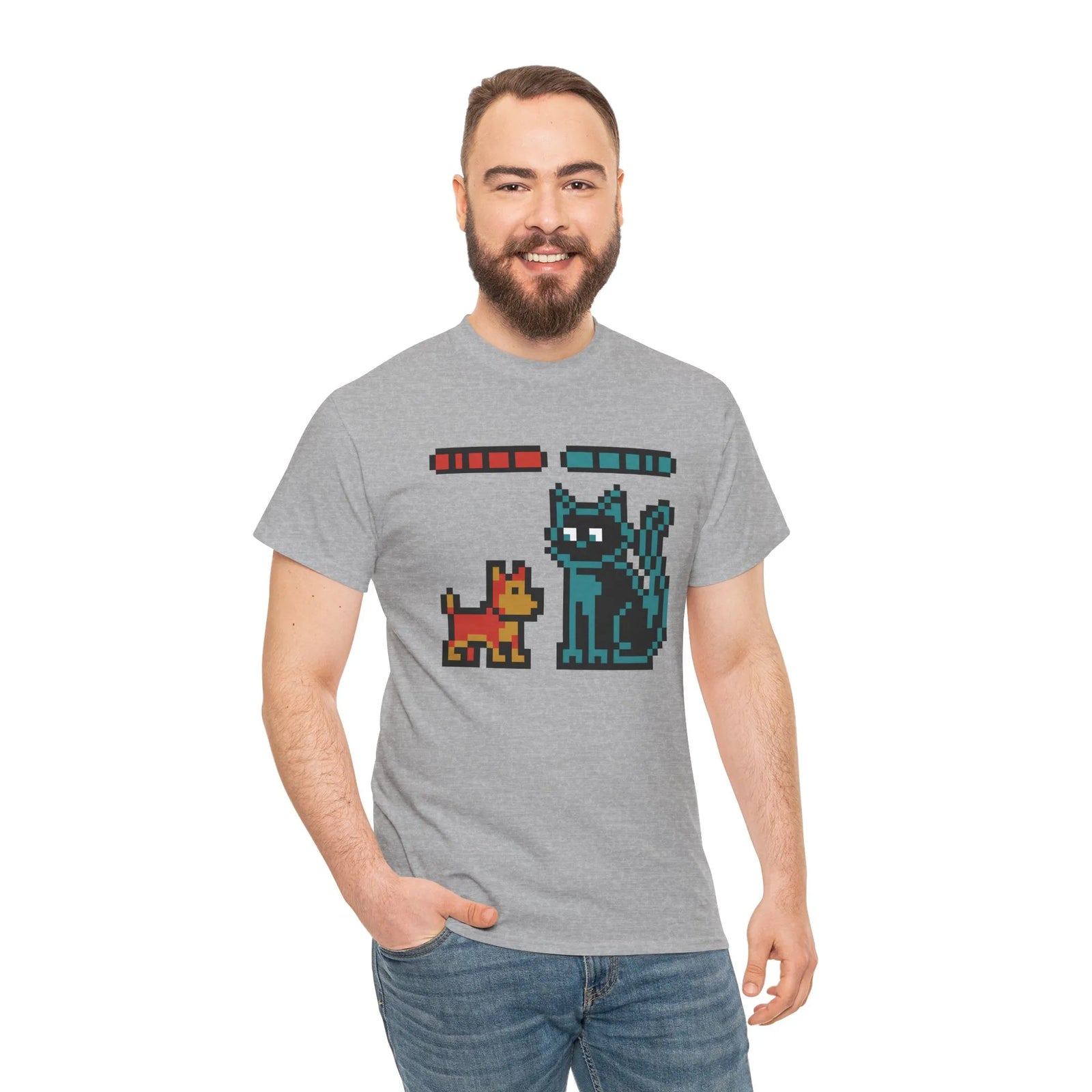 8-Bit Pixel Gaming Dogs Boss Fight T-Shirt - Heavyweight 100% Cotton Classic Fit - Unisex White