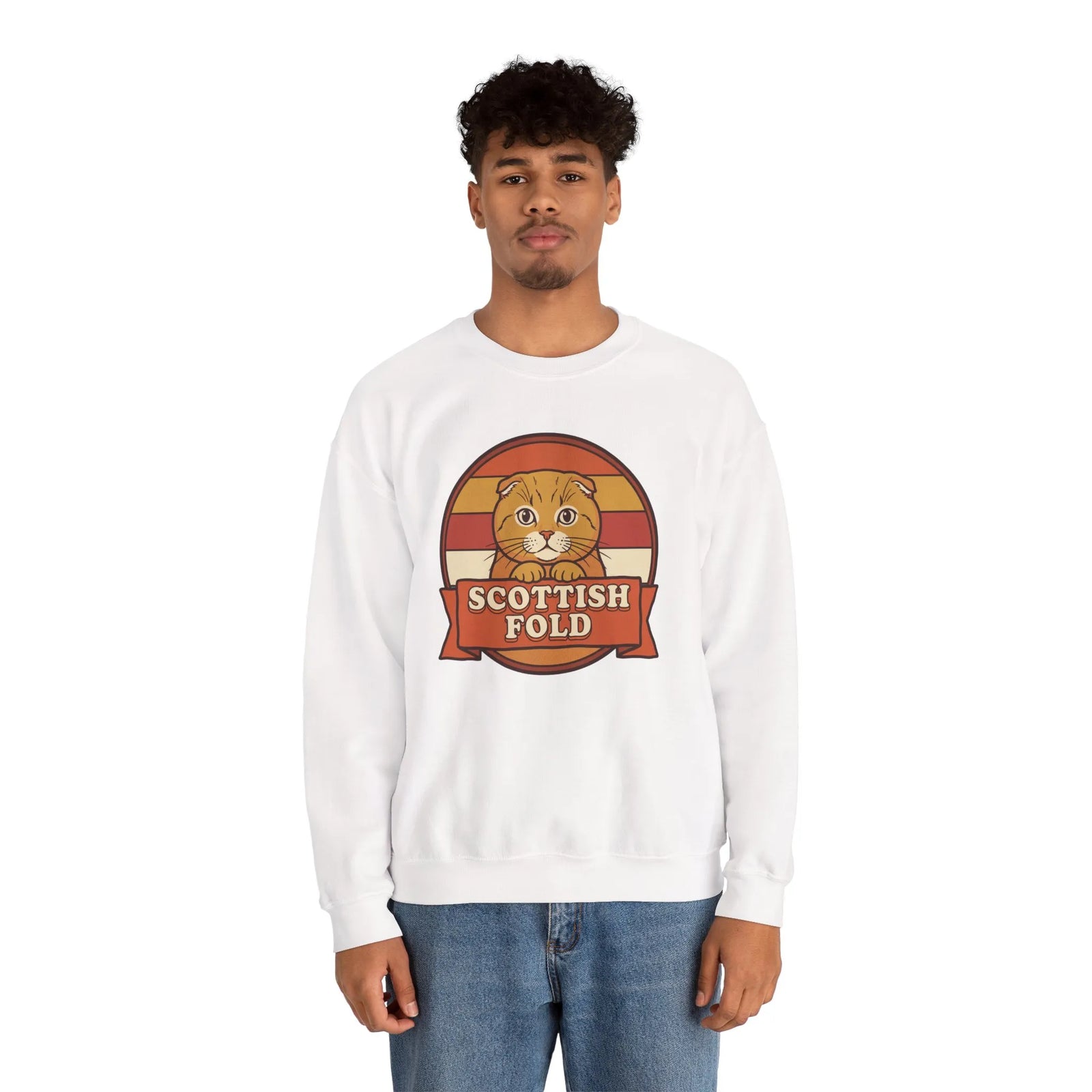 Scottish Fold Retro Sunset Sweatshirt - Heavyweight Cotton Blend Crewneck - Unisex White