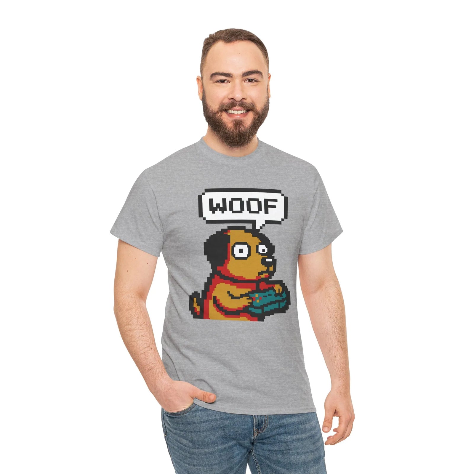 8-Bit Pixel Gaming Dog T-Shirt - Heavy Cotton Classic Fit Tee - Unisex White