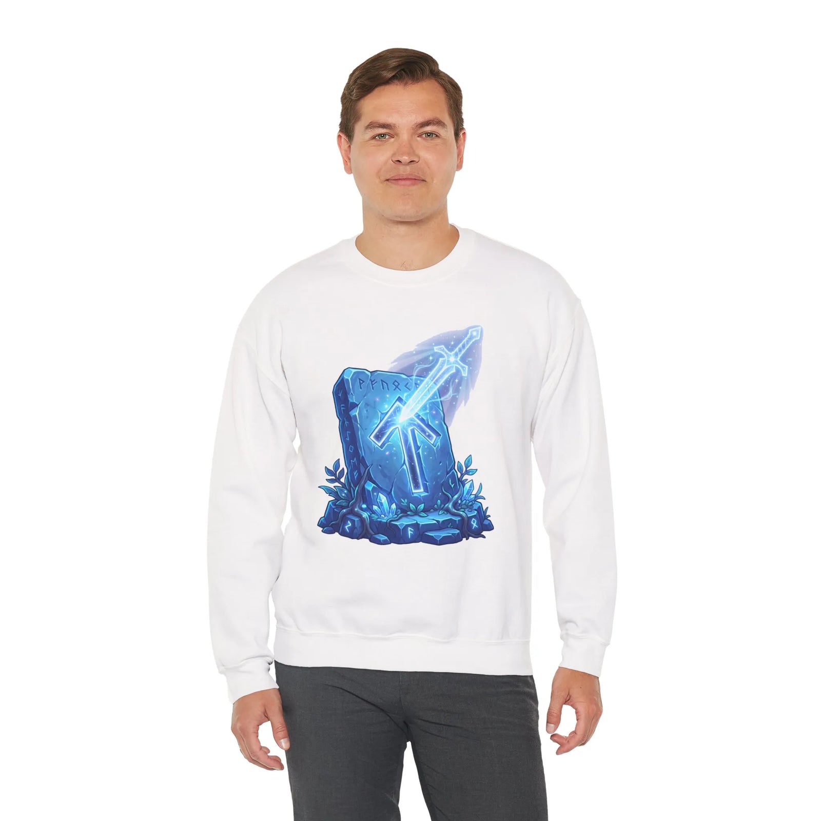 Tiwaz Rune Sword Graphic Sweatshirt - Heavy Blend Crewneck Fit - Unisex White