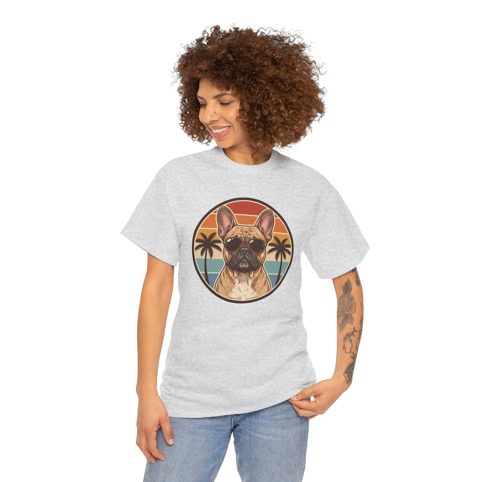 French Bulldog Sunset Aviator T-Shirt - Heavy Cotton Classic Fit Tee - Unisex White