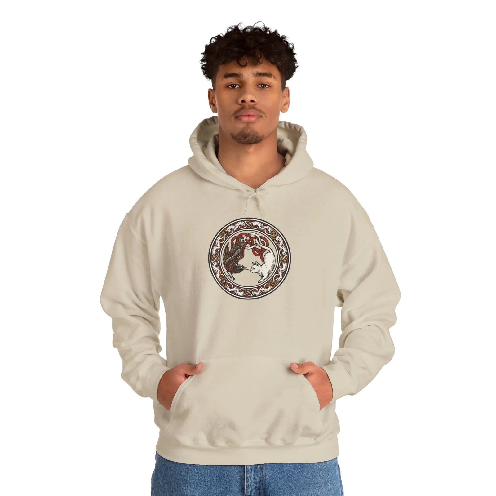 Freyja's Cats & Raven Norse Woodcut Hoodie - Soft Medium-Heavy Blend Pullover - Unisex White
