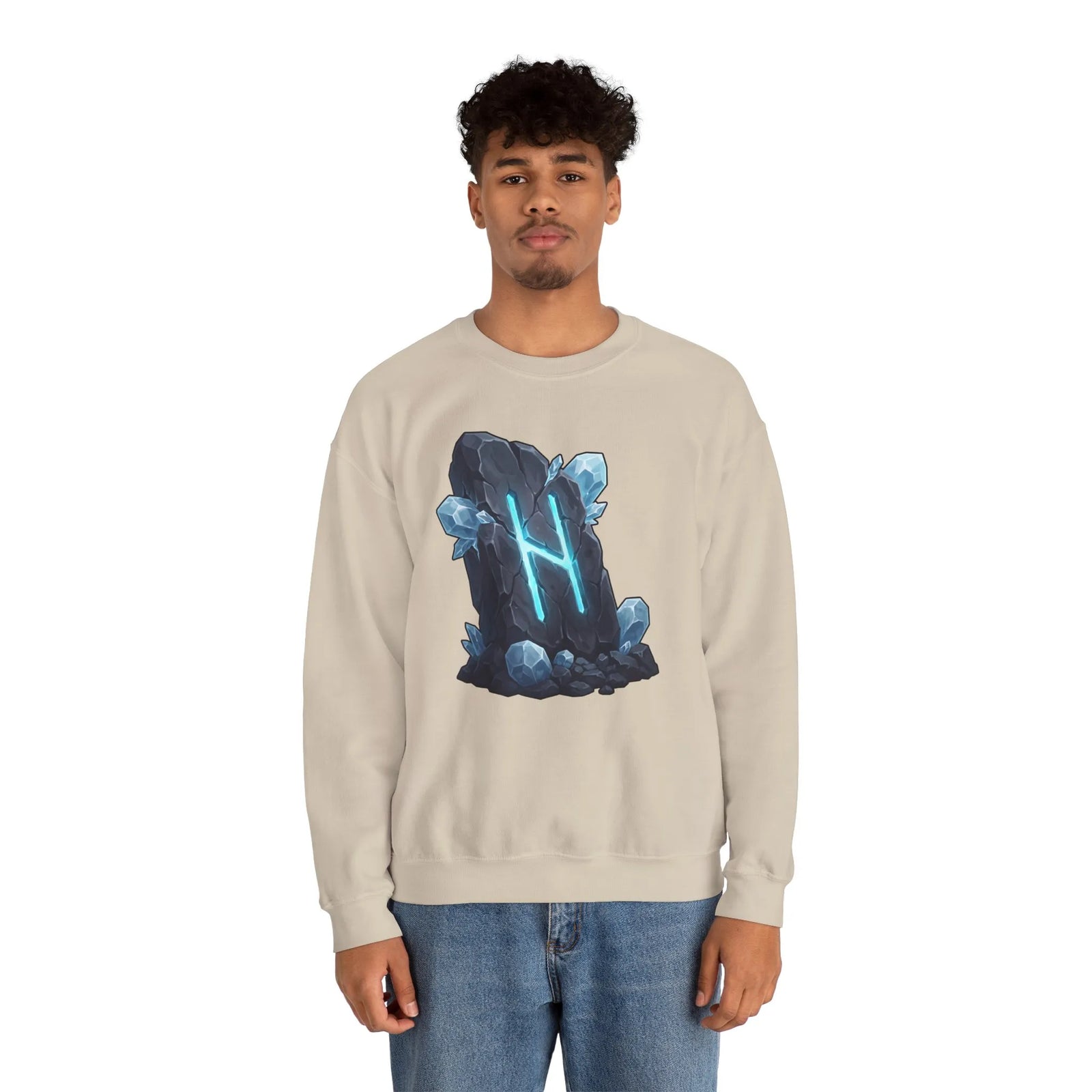 Hagalaz Rune Stone Graphic Sweatshirt - Heavy Blend Fleece Crewneck - Unisex White