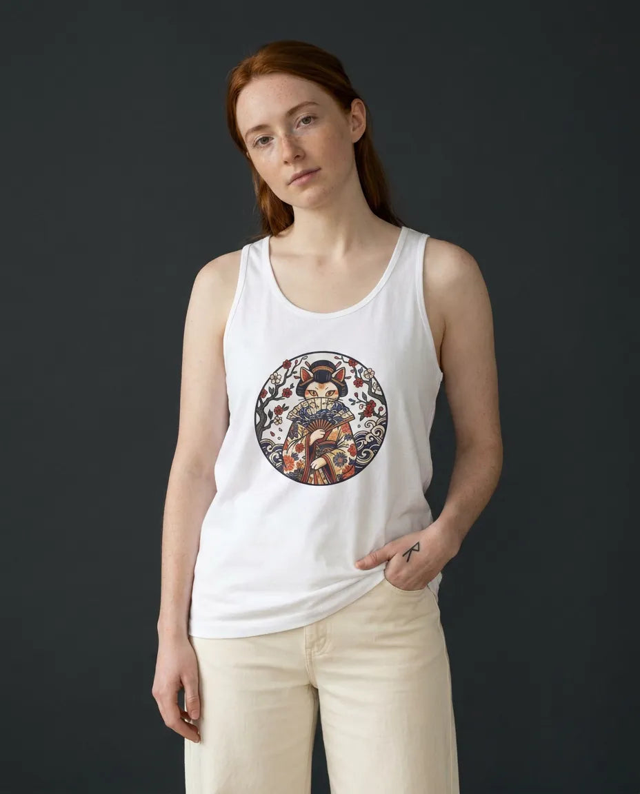 Fan Dancer Ukiyo-e Samurai Cats Tank Top - Soft Lightweight Ring-Spun Jersey - Unisex White