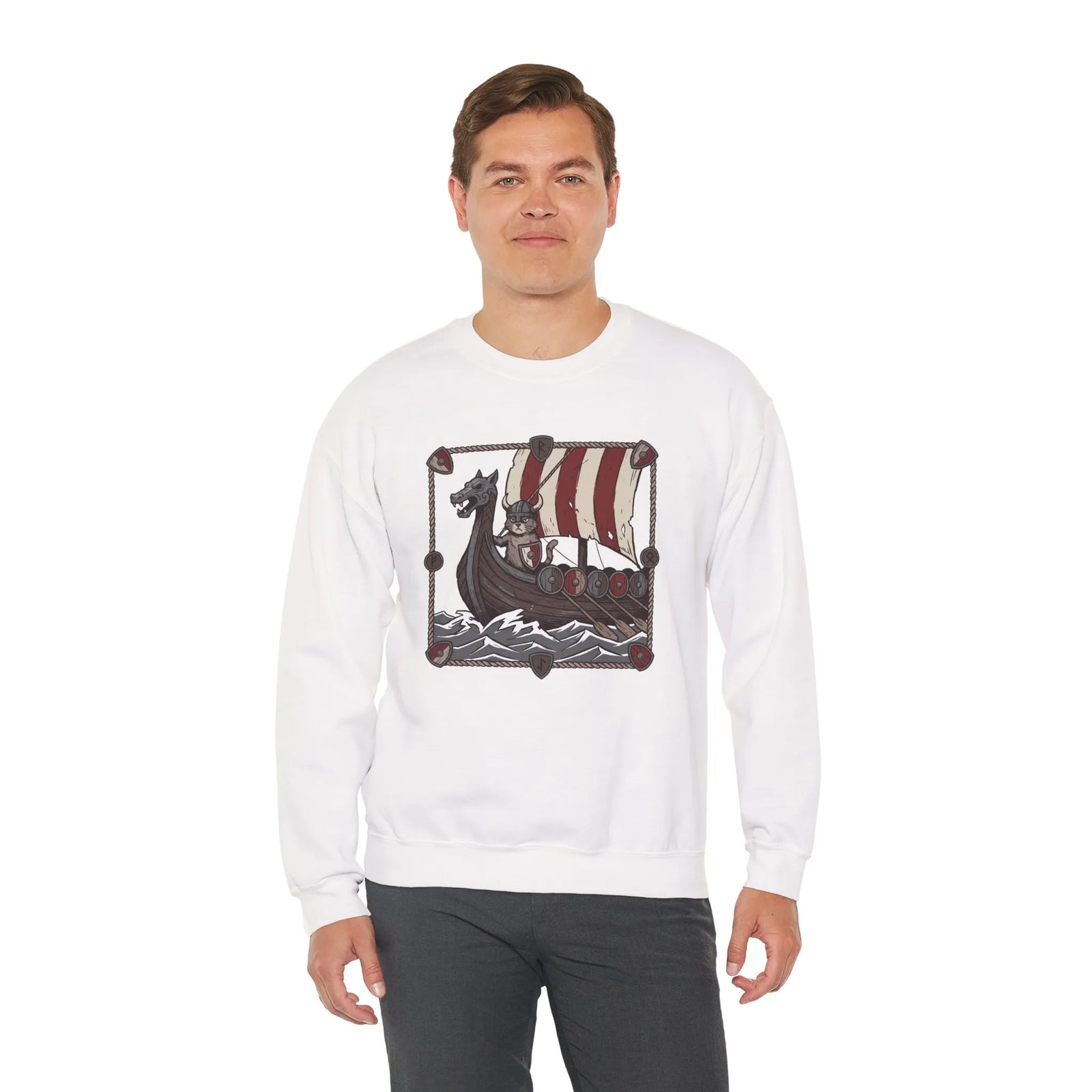 Longship Prow Viking Berserker Cats Sweatshirt - Heavyweight Cotton Blend Crewneck - Unisex White