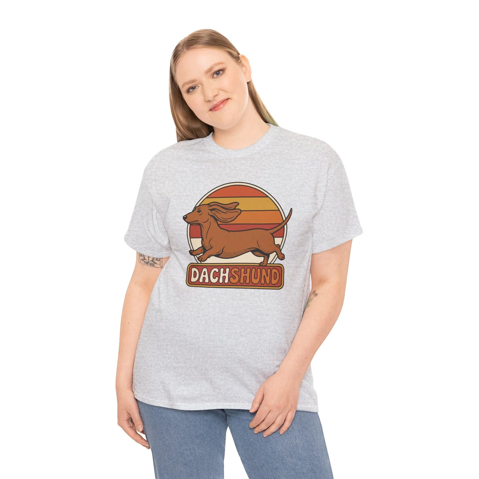 Dachshund Retro 70s Sunset Graphic T-Shirt - Heavy Cotton Classic Fit Tee - Unisex White