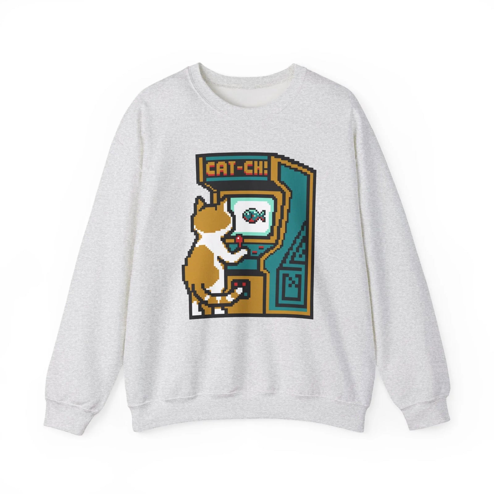 Arcade Night Pixel Gaming Cats Sweatshirt - Heavy Blend Fleece Crewneck - Unisex White