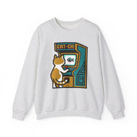 Arcade Night Pixel Gaming Cats Sweatshirt - Heavy Blend Fleece Crewneck - Unisex White
