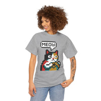 Player One 8-Bit Pixel Gaming Cats T-Shirt - Heavyweight 100% Cotton Tee - Unisex White