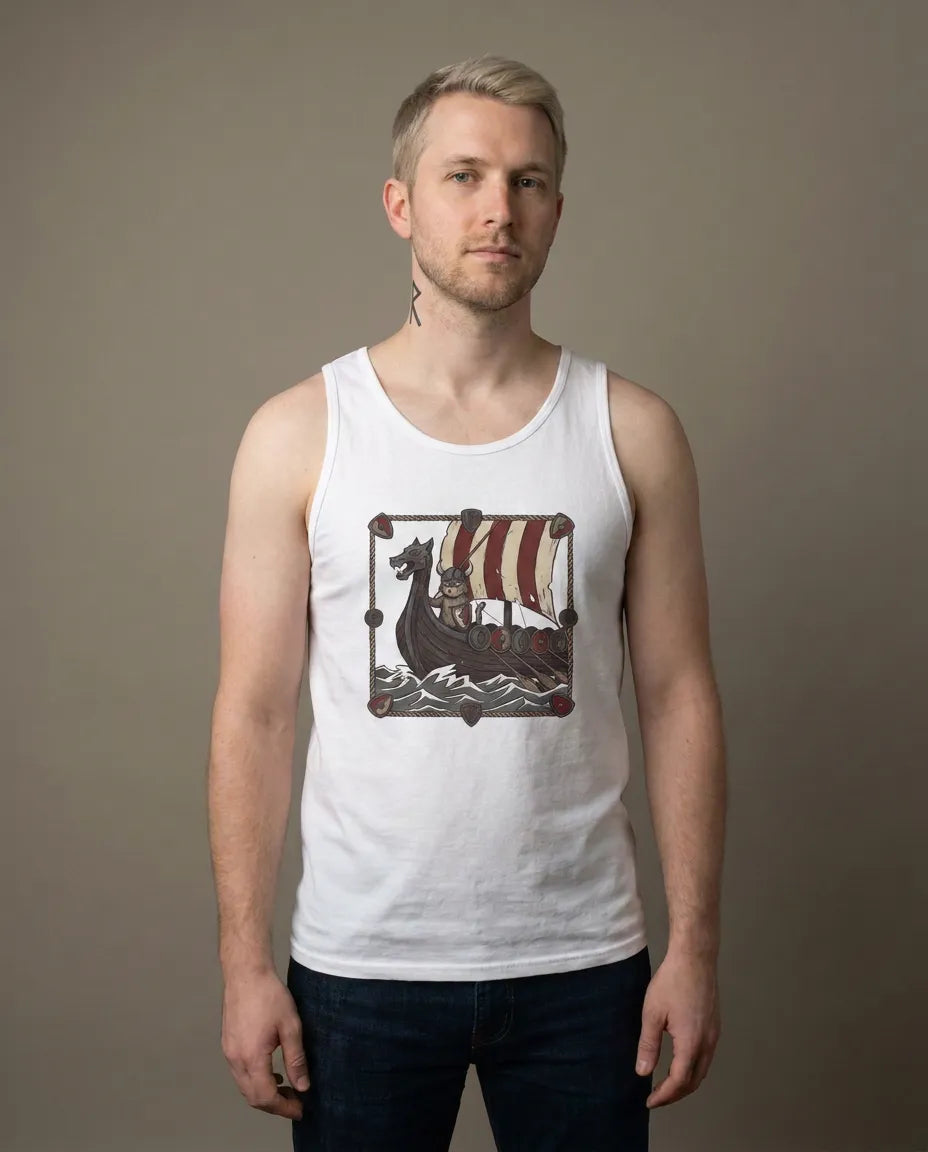 Viking Berserker Cat Longship Graphic Tank Top - Soft Ringspun Cotton Jersey - Unisex White