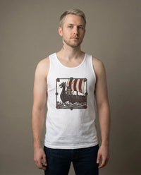 Viking Berserker Cat Longship Graphic Tank Top - Soft Ringspun Cotton Jersey - Unisex White