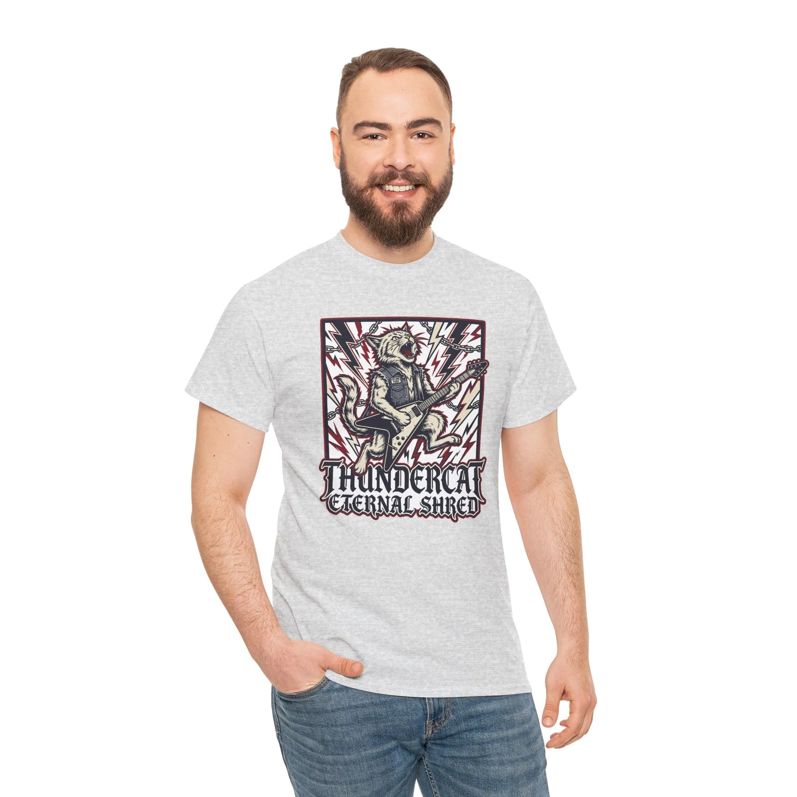 Guitar Solo Rocker Cat T-Shirt - Heavy Cotton Classic Fit Tee - Unisex White