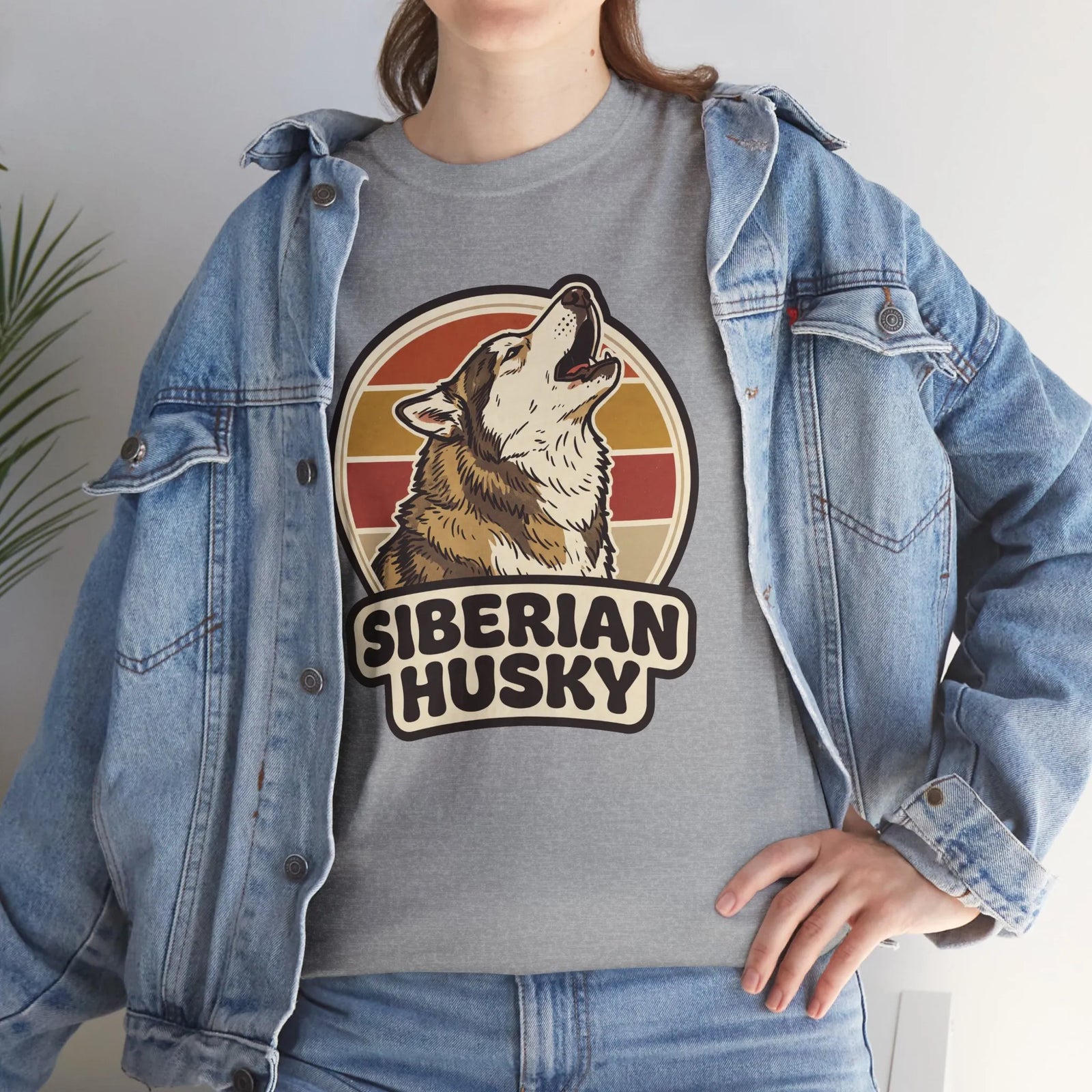 Siberian Husky Retro Sunset T-Shirt - Heavy Cotton Classic Fit Tee - Unisex White