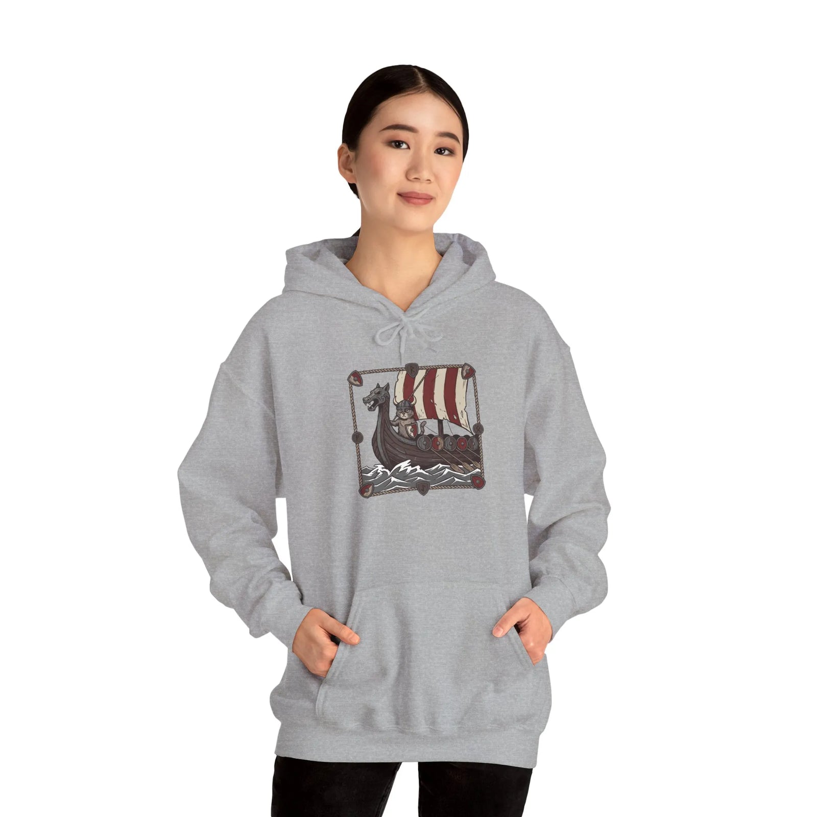 Viking Berserker Cats Longship Hoodie - Warm Cotton-Poly Fleece Pullover - Unisex White