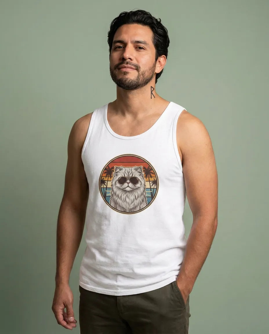 Persian Cool Cat Aviator Graphic Tank Top - Soft Combed Cotton Retail Fit Tank - Unisex White